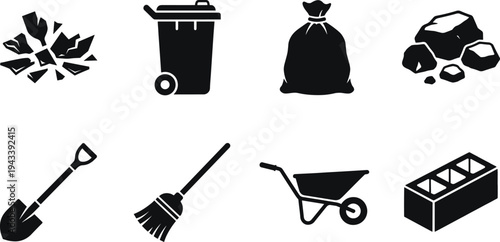 Construction waste and cleanup icon set featuring wheelbarrow shovel broom trash bin rubble debris bag and cinder block silhouettes for industrial site maintenance