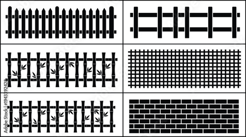 Fence silhouette icon set featuring wooden picket fence bamboo garden borders wire mesh screens and brick wall patterns for landscaping and property boundary design