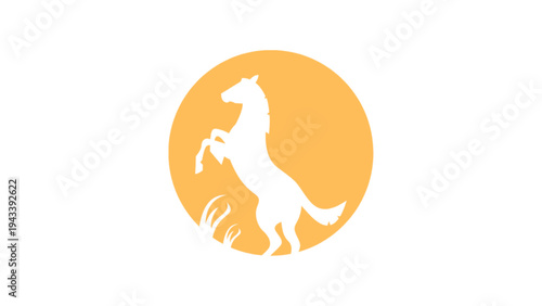 Rearing White Horse Silhouette on Orange Circle Background