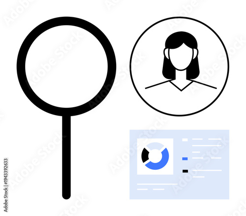 Identity verification concept. User profile alongside analytics data and magnifying glass security. Identity verification for online platforms, HR, banking, e-commerce, and data analysis
