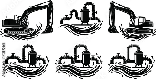 Heavy industrial excavator and water pump machinery silhouettes for drainage flood control irrigation systems and construction work featuring water splash and pipe equipment