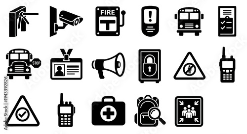 Solid black icons for school and campus security management. Turnstiles, panic buttons, and surveillance equipment collection. Vector illustration for educational safety apps, campus management blogs,