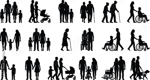 Diverse family silhouettes set with parents children seniors and people with disabilities including wheelchair users strollers guide dogs and elderly couples for inclusive design
