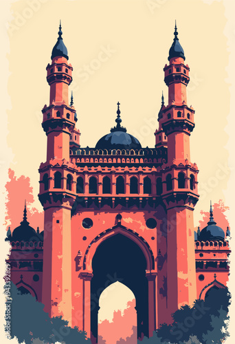 Chhatrapati Shivaji Maharaj Terminus CST, Mumbai gothic gargoyles spires are stylized thick, jagged black ink Symmetrical imposing Creamcolored background red accents No text