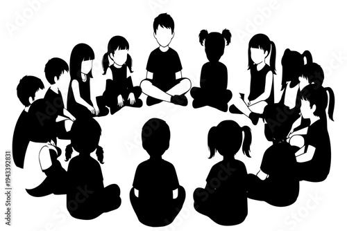 Multiethnic Kids Sitting in Circle Listening School Education Story Time Concept Black Vector Silhouette