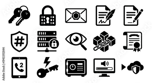 Solid black icons for public key cryptography and digital security. Encryption keys, secure envelopes, and digital signature symbols collection. Vector illustration for cybersecurity apps, blockchain 