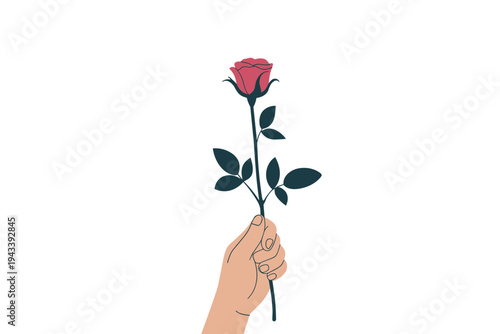 Hand holding pink rose with green leaves symbolizing love.