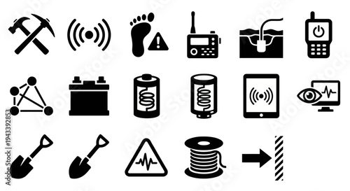 Solid black icons for ground sensors and seismic vibration detection. Geophones, buried sensors, and perimeter alert symbols collection. Vector illustration for surveillance apps, tactical strategy ga