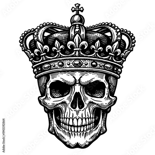 Detailed vintage engraving of a majestic human skull wearing an elaborate royal crown, featuring gothic aesthetics, symbolic power, and intricate line art in classic black and white style, perfect for