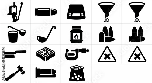 Solid black icons for ammunition reloading and improvised ballistics. Presses, bullet molds, and gunpowder scales collection. Vector illustration for survivalist games, ballistics history blogs
