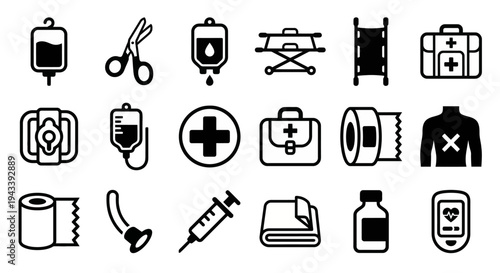 Solid black icons for tactical combat medicine and trauma first aid. Tourniquets, stretchers, and medical pouches collection. Vector illustration for emergency training apps, military games, and tacti