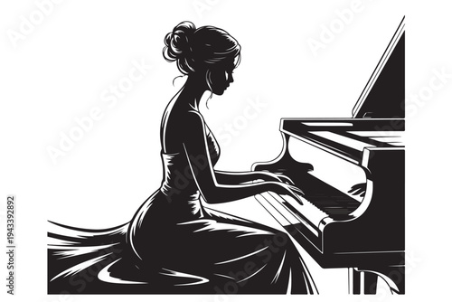 Elegant silhouette of a woman gracefully playing classical music on a grand piano with sophisticated formal attire