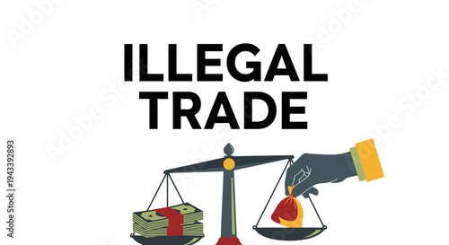 Illegal Trade Concept Illustration with Justice Scale, Money, and Contraband.