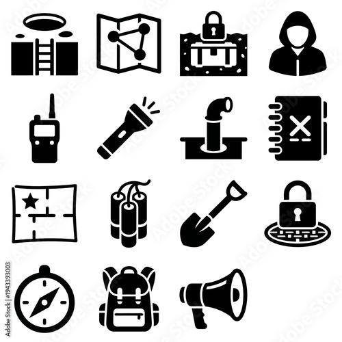 Solid black icons for insurgency warfare and hidden networks. Tunnels, clandestine maps, and hideout equipment collection. Vector illustration for tactical resistance games, intelligence blogs, and gu