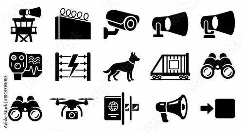 Solid black icons for border security and perimeter protection. Watchtowers, electric fences, and surveillance cameras collection. Vector illustration for security management apps, border control blog