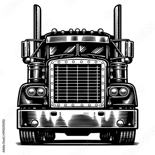 Black and white vector illustration of a classic semi-truck front view. Powerful big rig, prominent grille, headlights, bumper, and iconic exhaust stacks. Ideal for trucking, transport, vintage vehicl