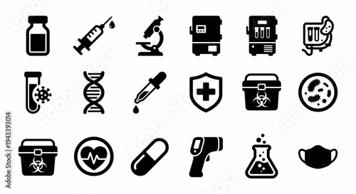 Solid black icons for medical defense and vaccine research. Vials, syringes, and laboratory equipment collection. Vector illustration for health apps, pandemic simulation games, and biodefense strateg