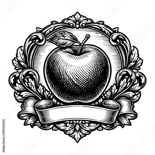 Exquisite vintage woodcut illustration featuring a perfectly rendered apple centered within an ornate, hand-engraved decorative frame, complete with a classic blank scroll banner for custom text, idea