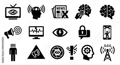 Solid black icons for subliminal warfare and media influence. Hypnotic signals, controlled narratives, and digital glitch symbols collection. Vector illustration for dystopian strategy games, media cr
