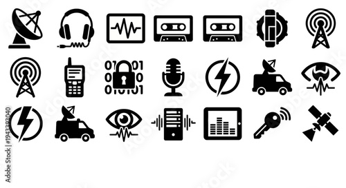 Solid black icons for signals intelligence and electronic espionage. Satellite dishes, headphones, and radio wave monitors collection. Vector illustration for spy-themed games, intelligence apps, and 