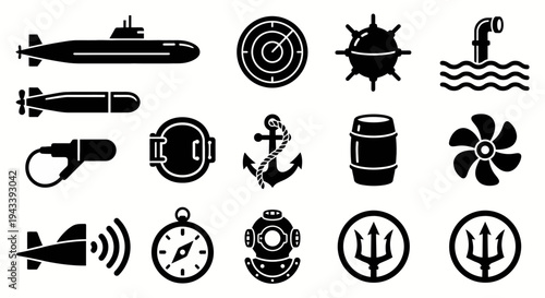 Solid black icons for submarine warfare and naval sonar. Submarines, mines, and undersea detection symbols collection. Vector illustration for naval strategy games, maritime history blogs, and tactica