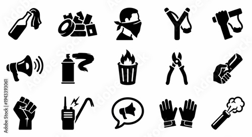 Solid black icons for urban guerrilla warfare and civil resistance. Molotov cocktails, barricades, and protest symbols collection. Vector illustration for insurgency-themed games, social strategy blog