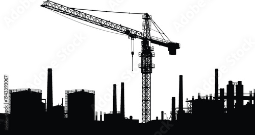 Industrial construction site silhouette featuring a large tower crane factory chimneys and storage tanks for civil engineering heavy industry and urban development projects