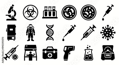 Solid black icons for biological warfare and laboratory biosafety. Microscopes, biohazard symbols, and containment gear collection. Vector illustration for medical research apps, pandemic strategy gam