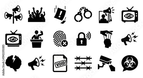 Solid black icons for psychological warfare and mass control. Megaphones, crowds, and propaganda symbols collection. Vector illustration for dystopian strategy games, social control blogs, and tactica