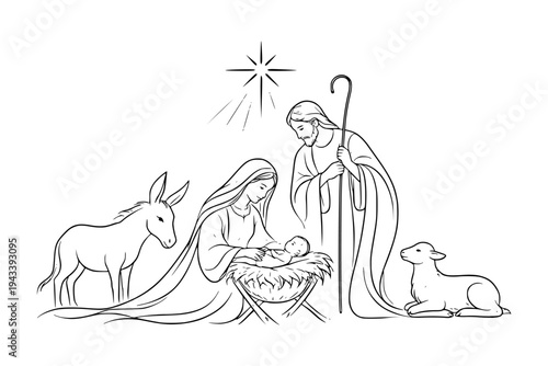 Nativity scene in black line art featuring Mary, Joseph, baby Jesus, donkey and lamb on white background. Concept of Christmas birth story