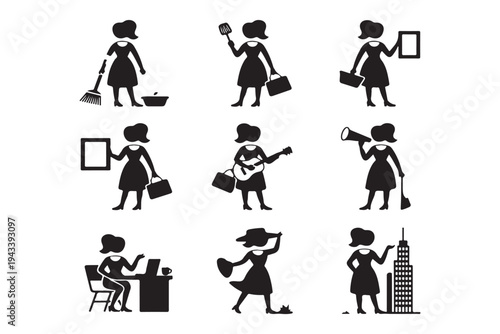 Silhouette collection of woman performing various household chores playing musical instrument working at desk and posing with buildings in background
