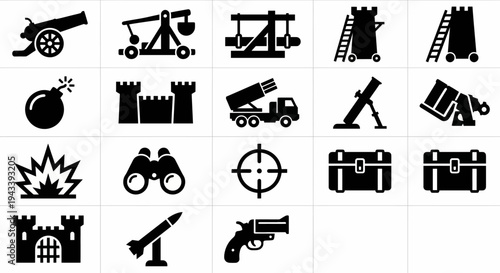Solid black icons for siege warfare and heavy artillery. Cannons, catapults, and fortress breaching equipment collection. Vector illustration for strategy games, military history, and tactical artille