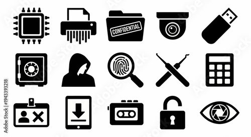 Solid black icons for industrial espionage and corporate security. Microchips, paper shredders, and hidden cameras collection. Vector illustration for privacy apps, corporate defense blogs, and heist-