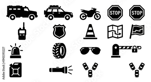 Solid black icons for convoy security and armored escort. Armored trucks, escort vehicles, and traffic control symbols collection. Vector illustration for logistics security apps, transport history, a