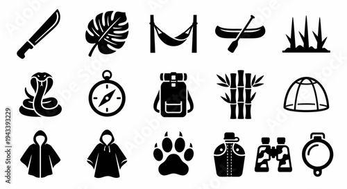 Solid black icons for jungle warfare and tropical survival. Machetes, bamboo traps, and rainforest equipment collection. Vector illustration for survival games, jungle expedition branding, and tactica