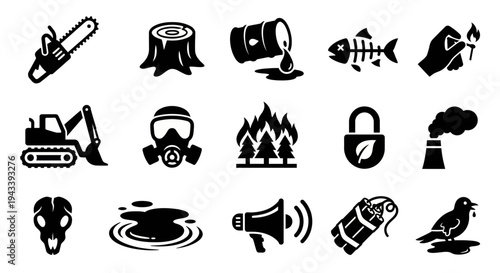 Solid black icons for environmental crimes and sabotage. Chainsaws, leaking barrels, and pollution symbols collection. Vector illustration for ecology apps, investigative news, and environmental prote