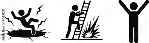 Workplace safety pictogram set featuring electrical shock hazard falling into a hole climbing a ladder and a person with arms raised for success