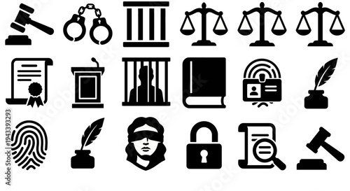Solid black icons for war crimes and international justice. Gavels, handcuffs, and scales of justice collection. Vector illustration for human rights apps, judicial blogs, and international law brandi