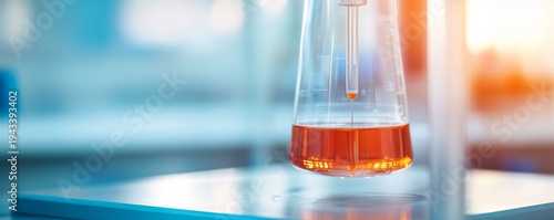 Scientific Precision Close-up of a conical flask with orange liquid and a probe precisely dripping, capturing lab research, chemical analysis and discovery in a bright setting.