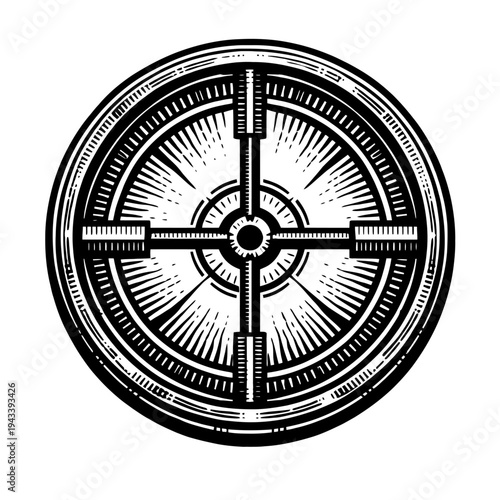 Precision Black & White Woodcut Reticle: Stylized Vintage Crosshair Target Scope Emblem. Detailed Linocut Aesthetic, ideal for Tactical Graphics, Gaming UI, Hunting Logos, Military Sight Icons, Accura