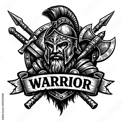 Vintage engraved Spartan warrior emblem featuring a fierce bearded fighter in classic helmet, with crossed sword, axe, spear, shield, and 'WARRIOR' banner. This black and white illustration embodies a