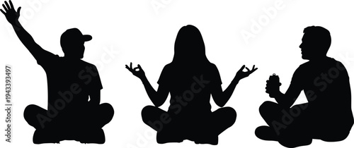 People silhouettes set featuring a woman meditating in lotus pose a man waving and a person sitting casually for wellness lifestyle and social
