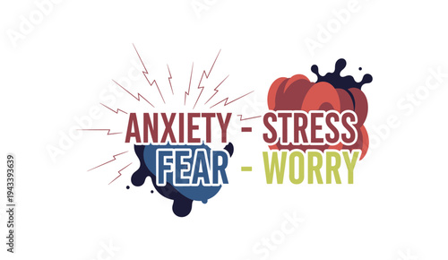 Mental Health Concept Illustration with Anxiety, Stress, Fear, and Worry Text.