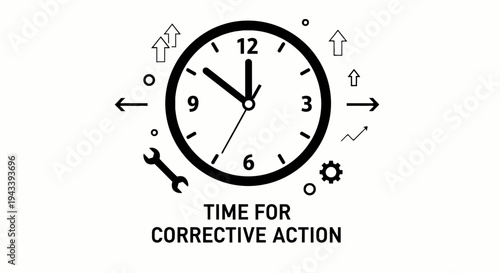 Time for corrective action concept illustration with clock, wrench, and gear icons for business improvement.