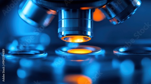 Close-up view of advanced scientific microscope illuminating a sample for detailed analysis and research