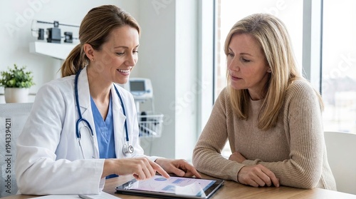 Doctor showing medical results to patient on tablet in bright clinic