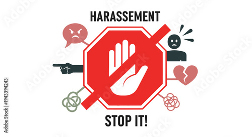Stop Harassment Concept Illustration with Warning Sign and Social Bullying Icons.
