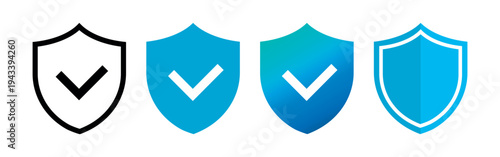 Right mark with protect shield vector flat icons set on white background. Graphic signs collection with line, solid, gradient shields.