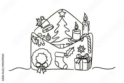 Christmas elements and decorations drawn in line style on white background, symbolizing holiday celebration