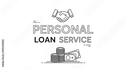 Personal Loan Service Banner Design with Handshake Icon, Coins, and Banknotes.